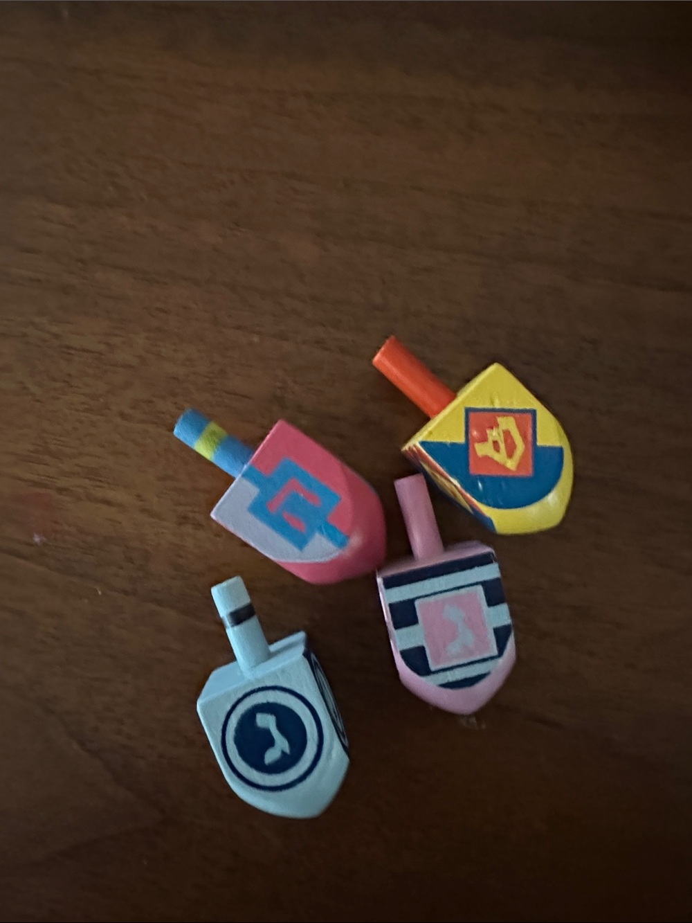 Colorful Kids Wooden Dreidel Set - Blue, Pink, Yellow, White